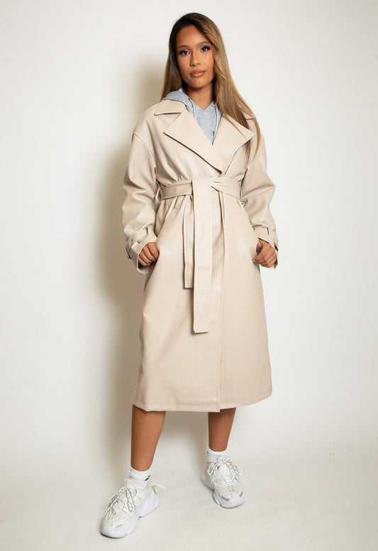 Monroe Faux Leather Trench- Beige